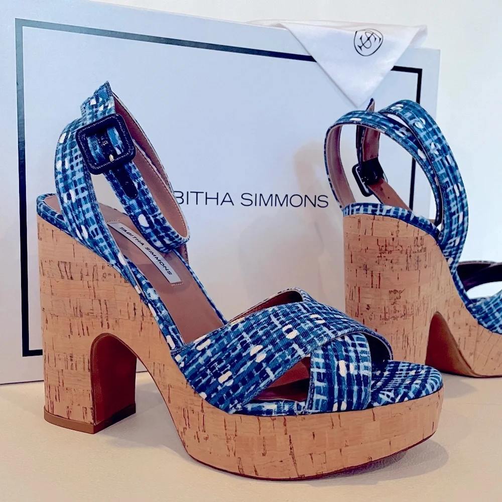 TABITHA SIMMONS gingham Elena blue NWT check cork platform volley 37 and 38.5